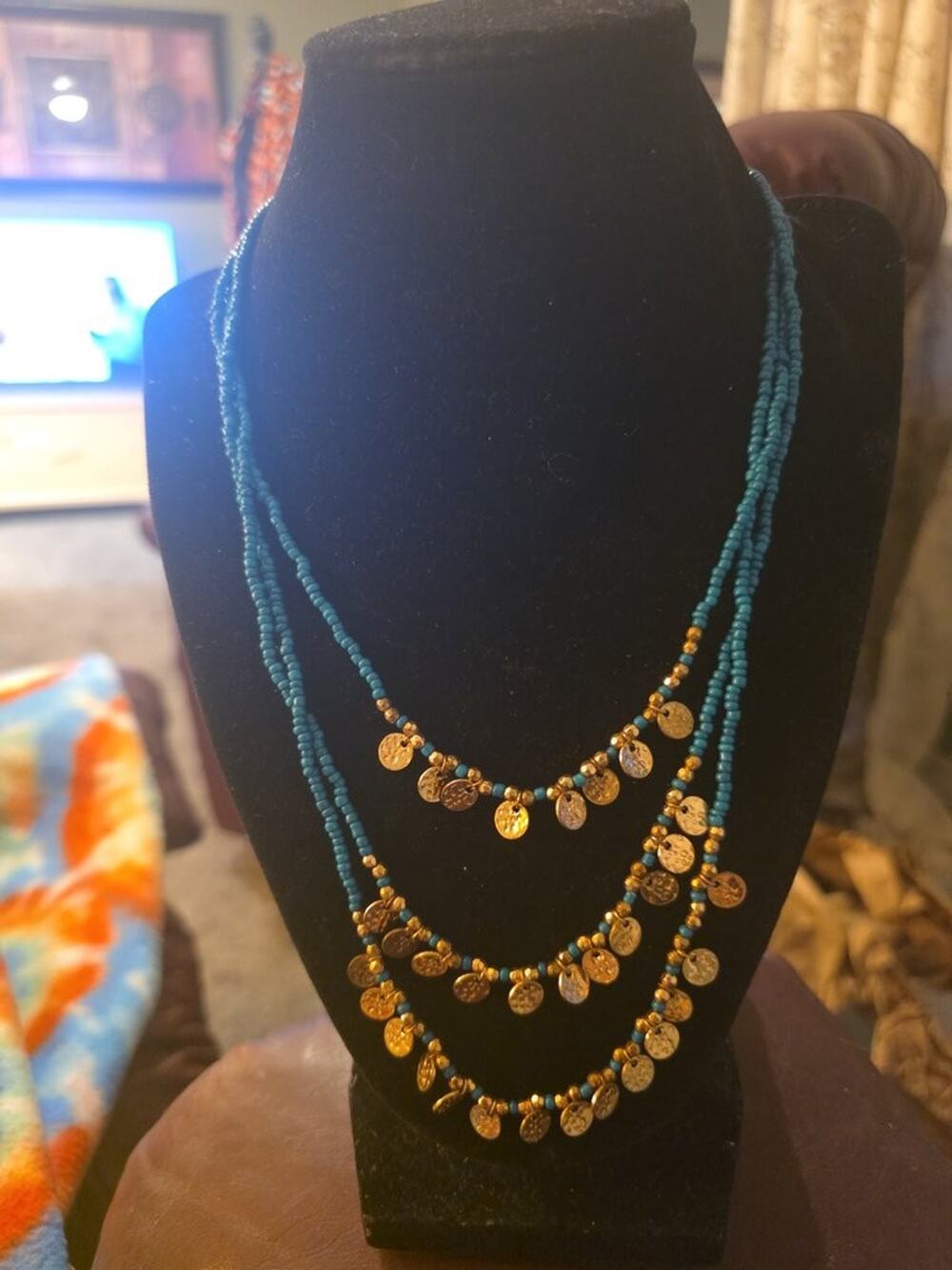 Vintage 16-Inch Beaded Necklace and Earrings Set with Gold-Tone Coins